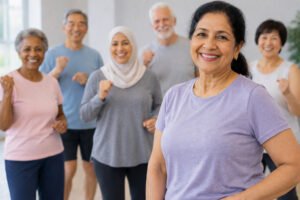 StayActive4Life participants smiling with raised fists, cheering together in a strength class